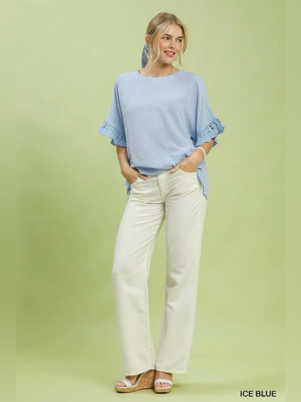 Umgee Ice Blue Crochet Trim Flutter Sleeve Top Boho Loose Fit🛍️